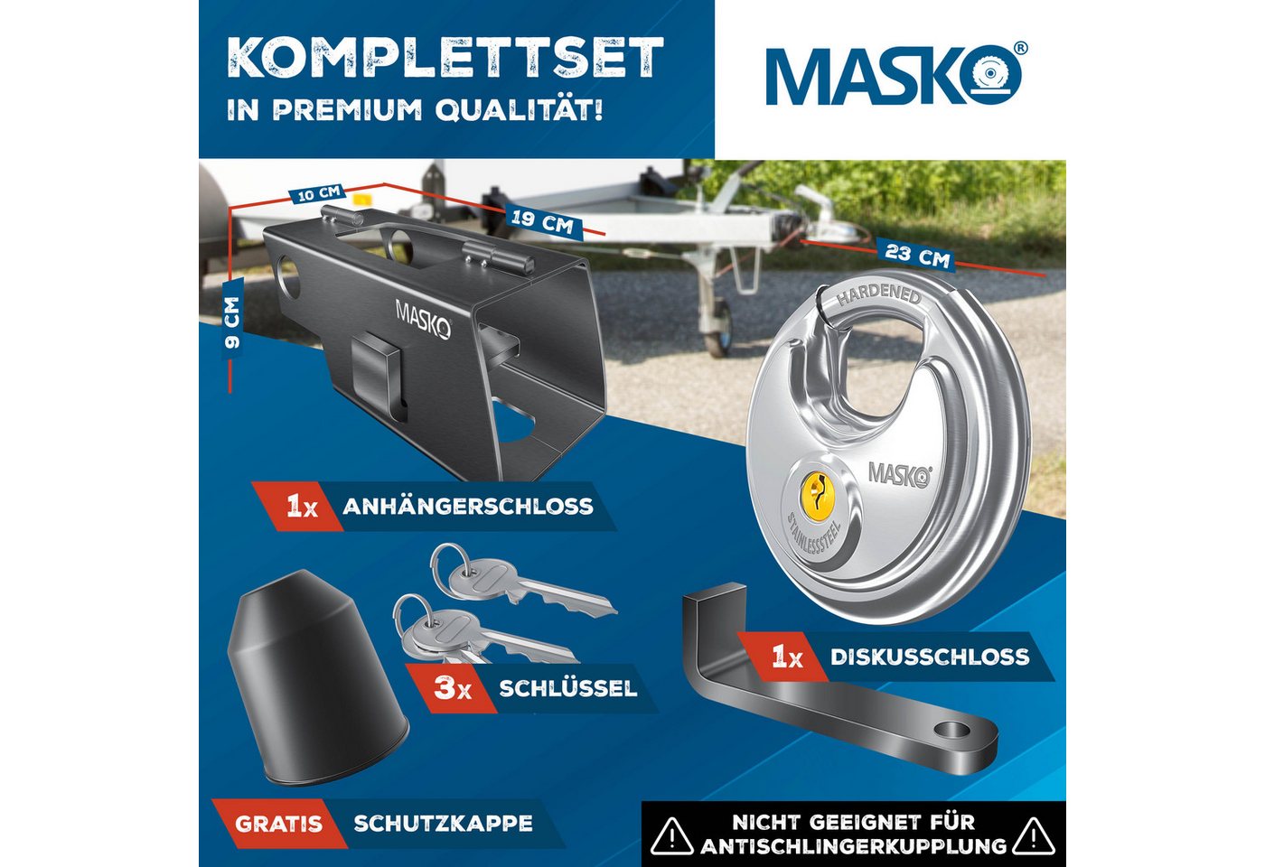 Masko® Anhängerschloss Für An-/abgekoppelte Anhänger, Diebstahlschutz – Anthrazit / Mit Scharnier Bild 3