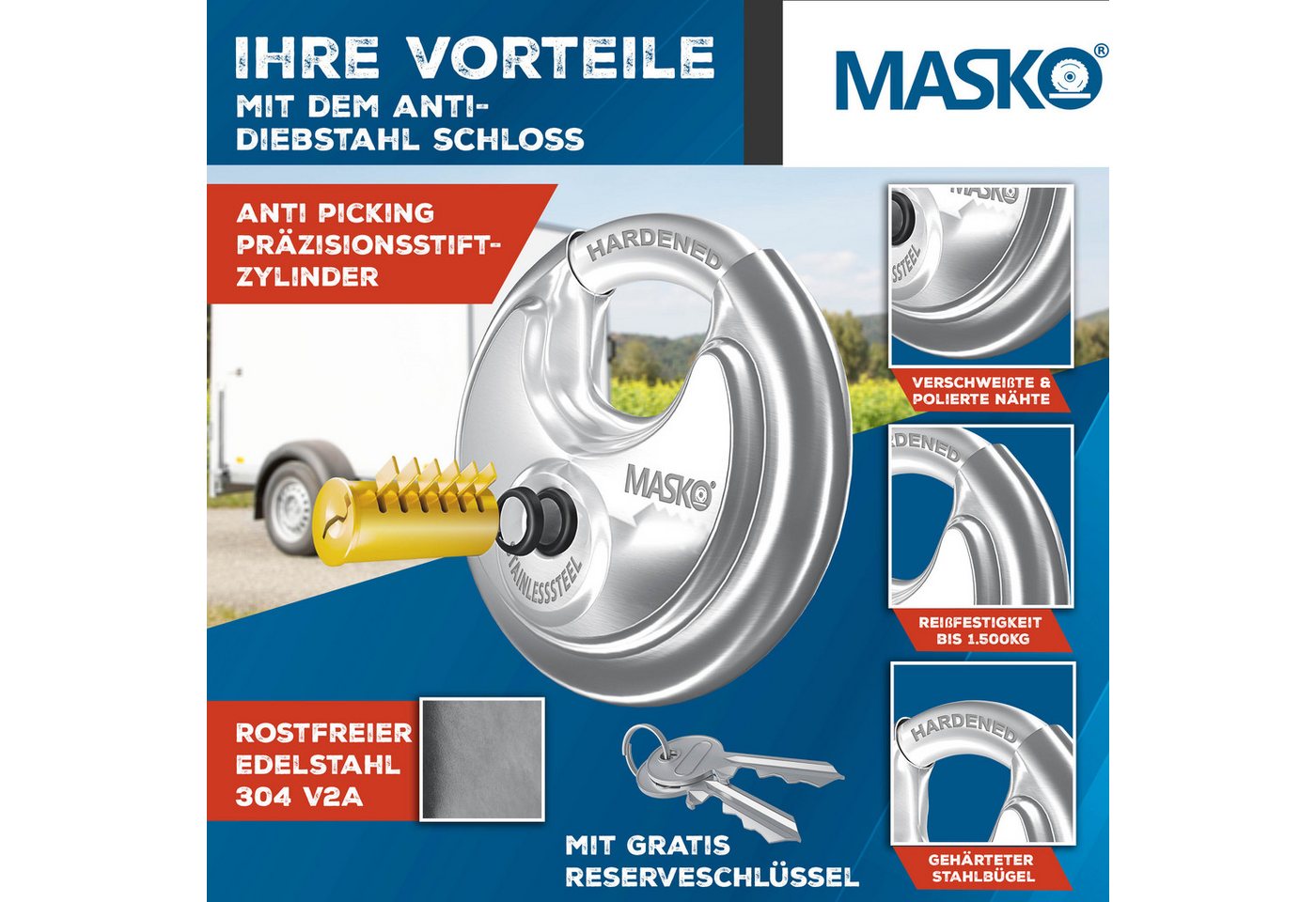 Masko® Anhängerschloss Für An-/abgekoppelte Anhänger, Diebstahlschutz – Silber / Mit Scharnier Bild 2