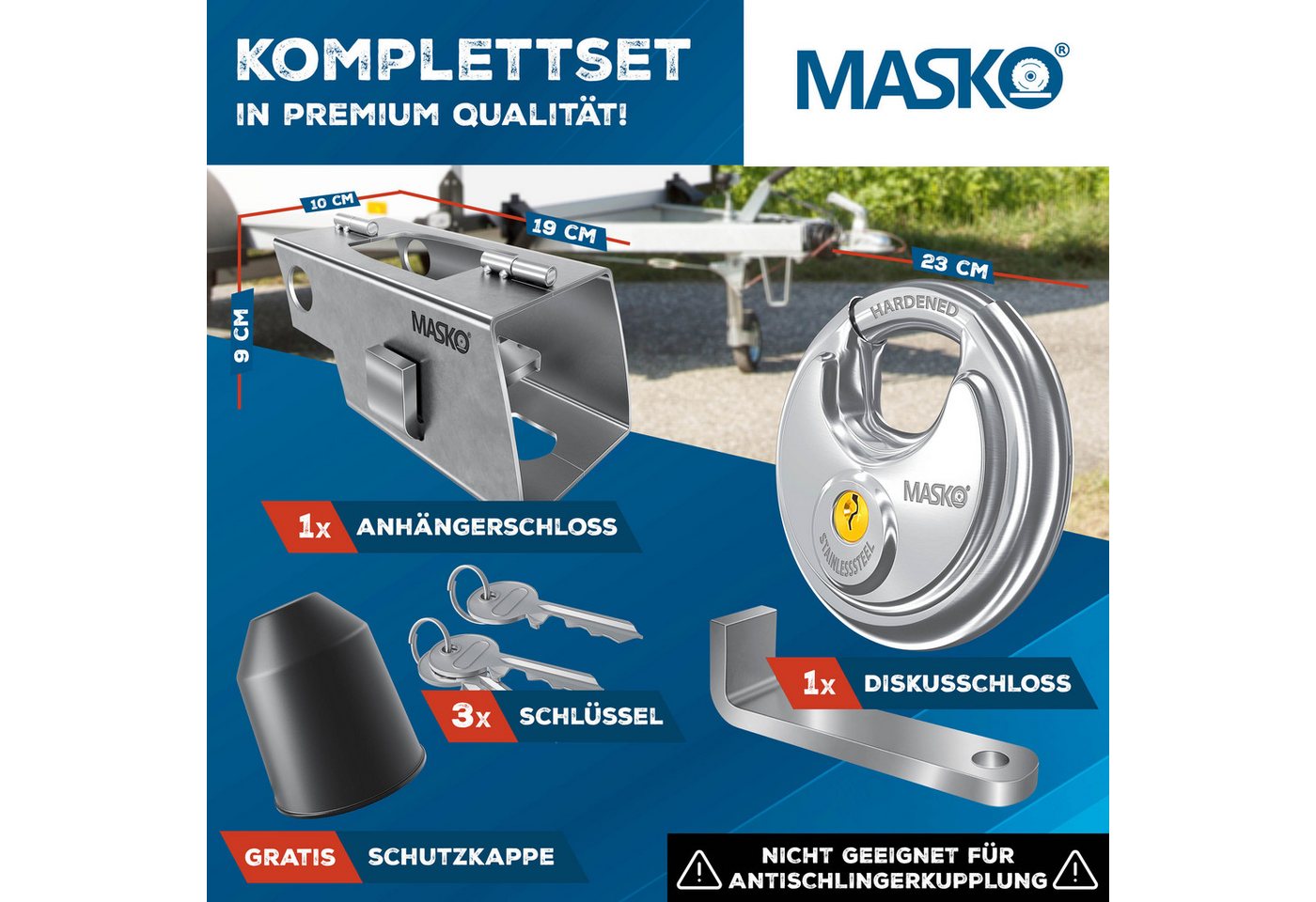 Masko® Anhängerschloss Für An-/abgekoppelte Anhänger, Diebstahlschutz – Silber / Mit Scharnier Bild 3