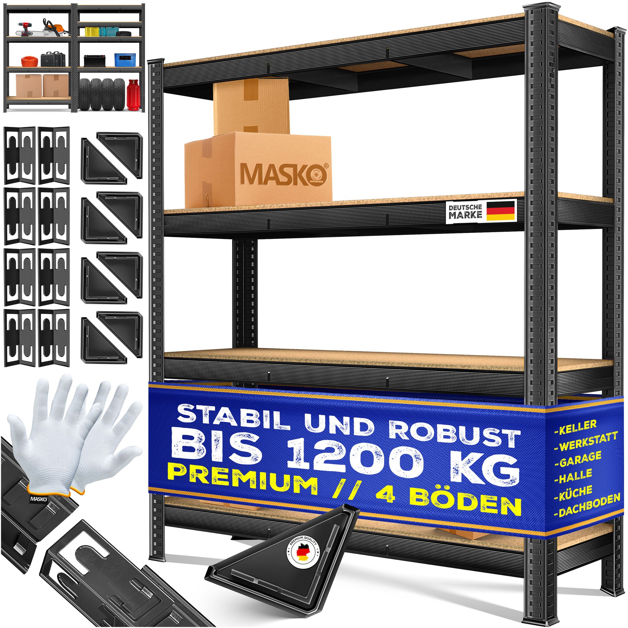 Masko® Schwerlastregal Lagerregal Kellerregal 160x160x40cm, Verstellbar – 4-böden / Schwarz 1200kg
