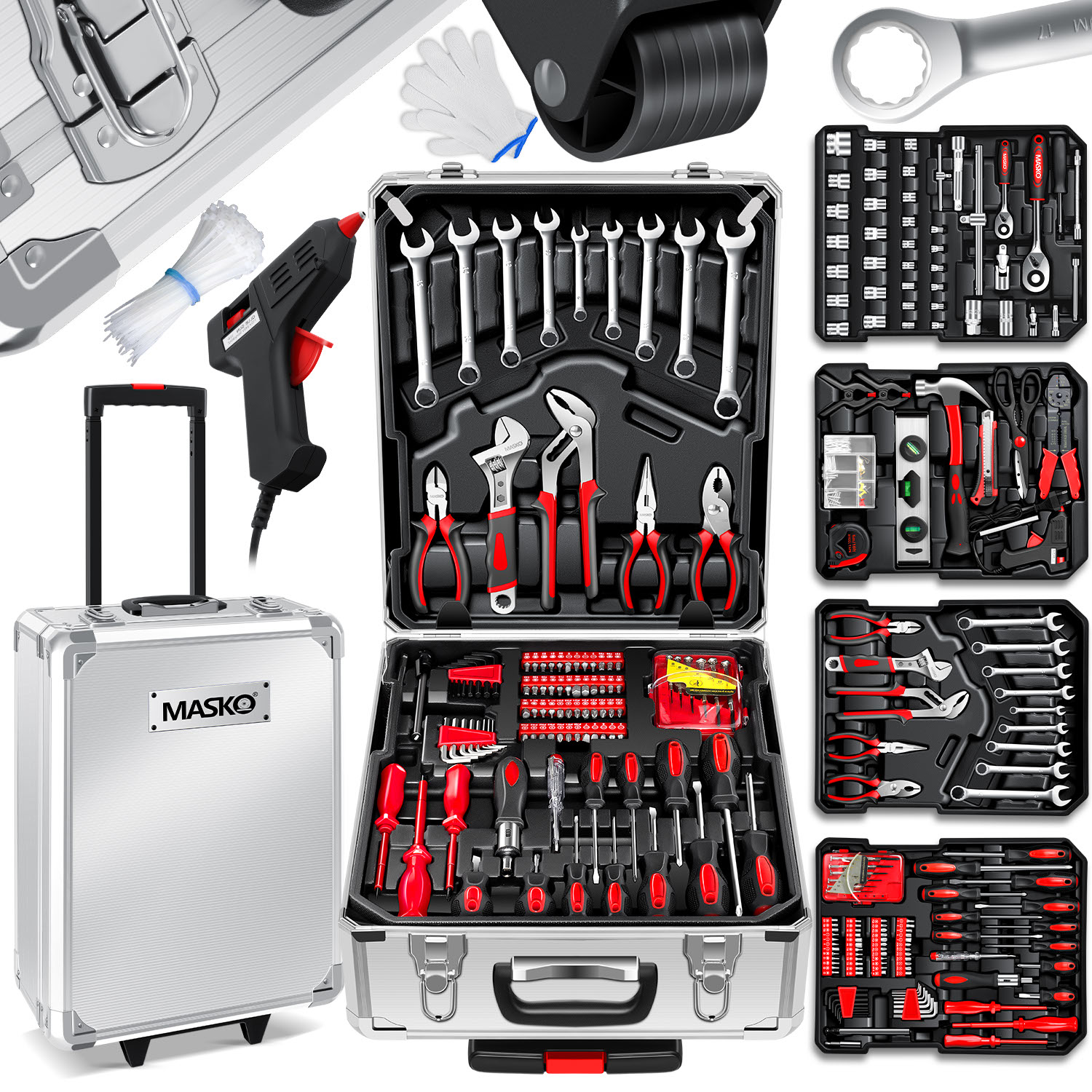 Masko® Werkzeugkoffer 1400-teilig Im Aluminiumkoffer Mit Rollen, Trolley-funktion, Profi – Silber