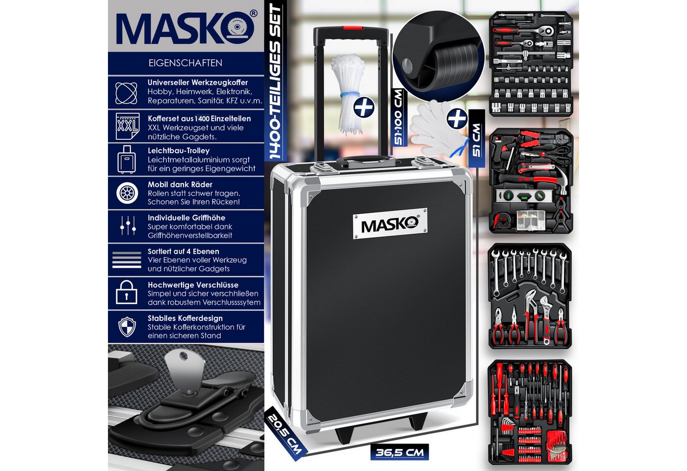 Masko® Werkzeugkoffer 1400-teilig Im Aluminiumkoffer Mit Rollen, Trolley-funktion, Profi – Schwarz