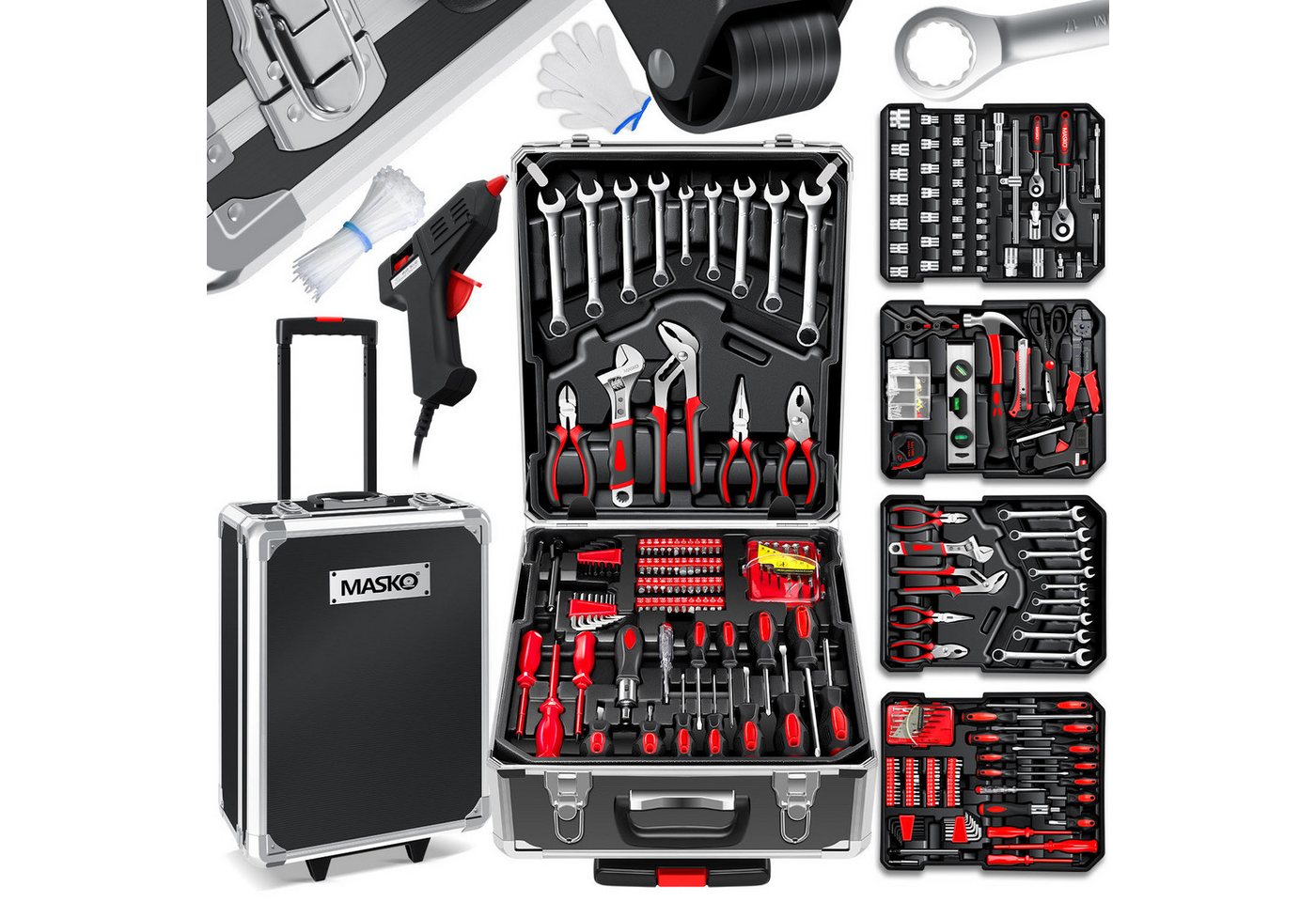 Masko® Werkzeugkoffer 1400-teilig Im Aluminiumkoffer Mit Rollen, Trolley-funktion, Profi – Schwarz Bild 2