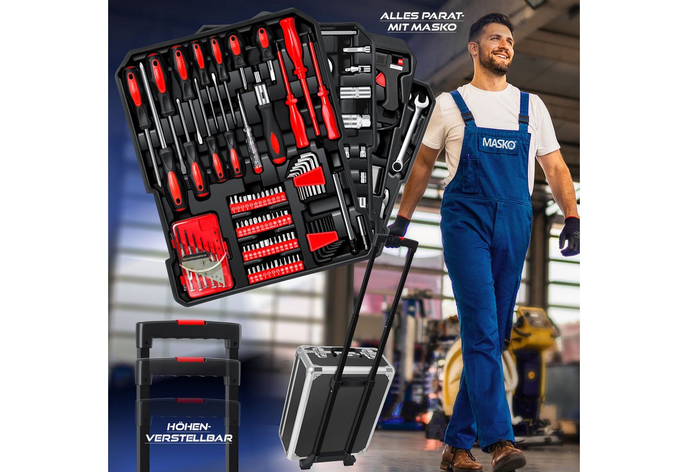Masko® Werkzeugkoffer 1400-teilig Im Aluminiumkoffer Mit Rollen, Trolley-funktion, Profi – Schwarz Bild 3
