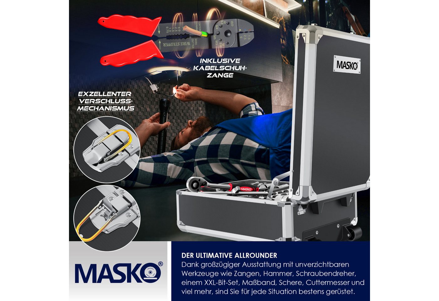 Masko® Werkzeugkoffer 1400-teilig Im Aluminiumkoffer Mit Rollen, Trolley-funktion, Profi – Schwarz Bild 4