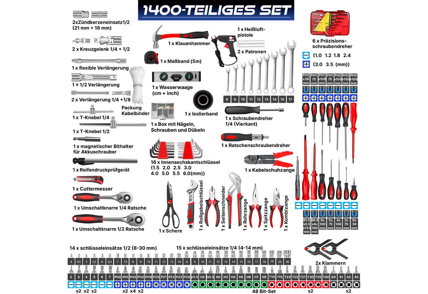 Masko® Werkzeugkoffer 1400-teilig Im Aluminiumkoffer Mit Rollen, Trolley-funktion, Profi – Schwarz Bild 5