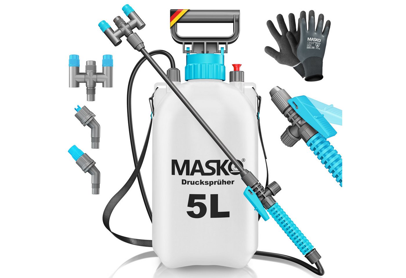 Masko® Drucksprüher Säurebeständig 3/5l, Verstellbare Düsen & Tragegurt – 5 Liter, / Hellblau / Weiß