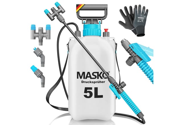 Masko® Drucksprüher Säurebeständig 3/5l, Verstellbare Düsen & Tragegurt – 5 Liter, / Hellblau / Weiß