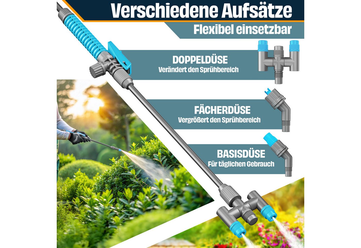 Masko® Drucksprüher Säurebeständig 3/5l, Verstellbare Düsen & Tragegurt – 5 Liter, / Hellblau / Weiß Bild 2