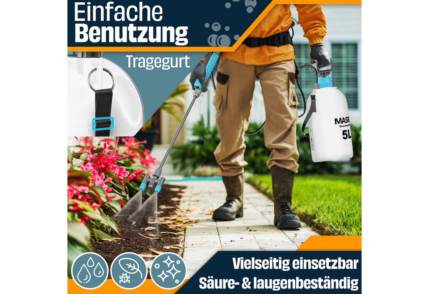 Masko® Drucksprüher Säurebeständig 3/5l, Verstellbare Düsen & Tragegurt – 5 Liter, / Hellblau / Weiß Bild 3