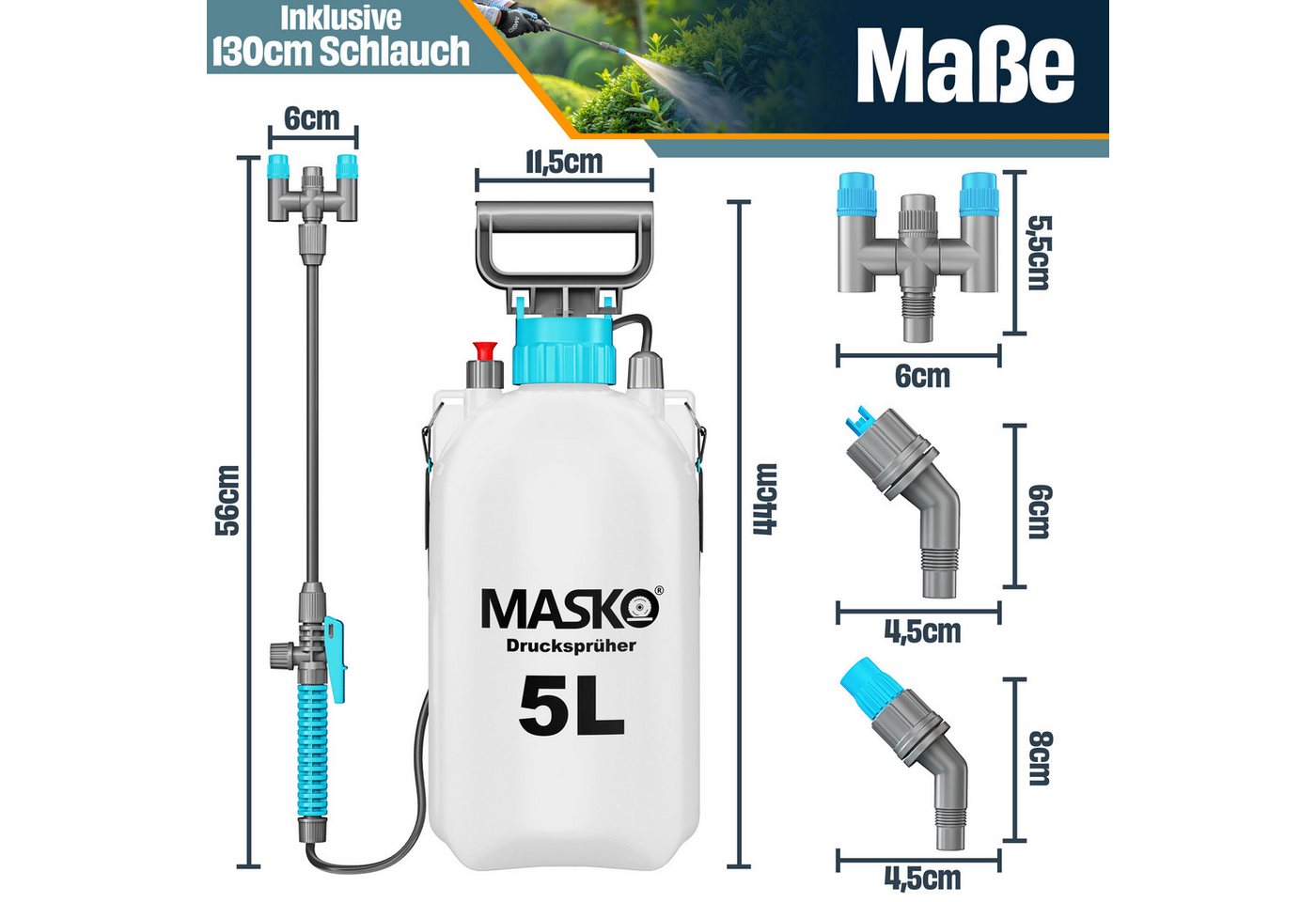 Masko® Drucksprüher Säurebeständig 3/5l, Verstellbare Düsen & Tragegurt – 5 Liter, / Hellblau / Weiß Bild 4