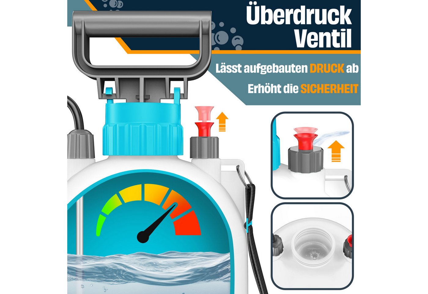 Masko® Drucksprüher Säurebeständig 3/5l, Verstellbare Düsen & Tragegurt – 5 Liter, / Hellblau / Weiß Bild 5