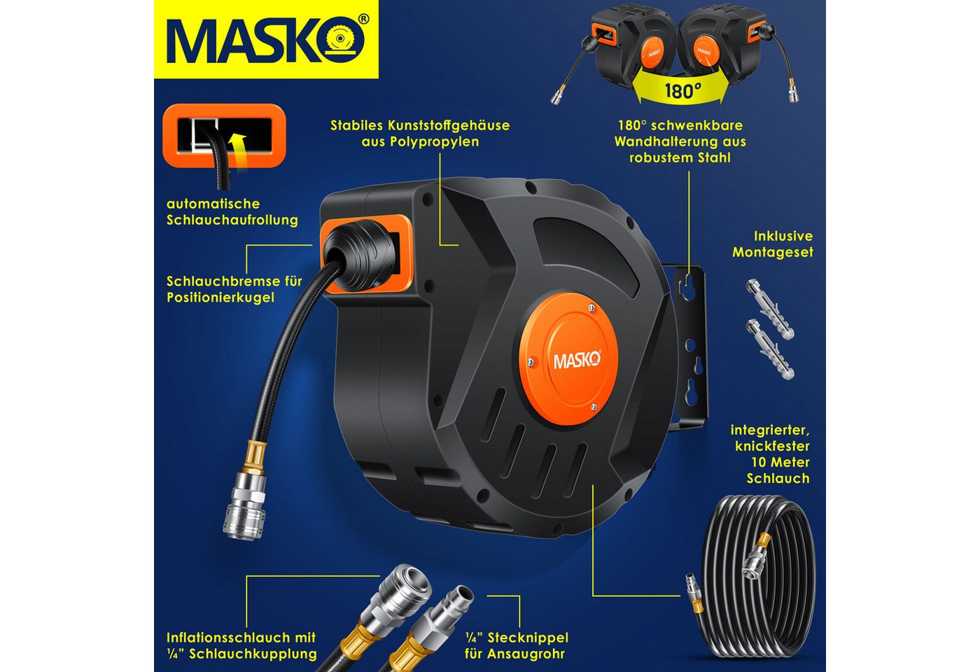 Masko® Automatik Druckluftschlauch Aufroller 1/4", 180° Schwenkbar – Orange / Schwarz