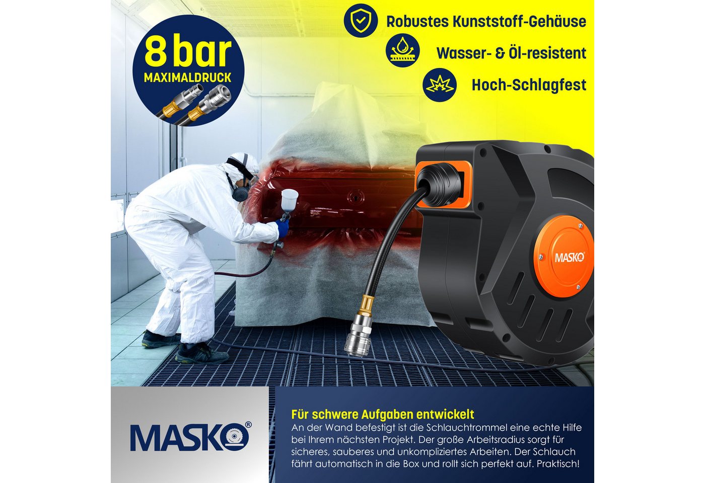 Masko® Automatik Druckluftschlauch Aufroller 1/4", 180° Schwenkbar – Orange / Schwarz Bild 4