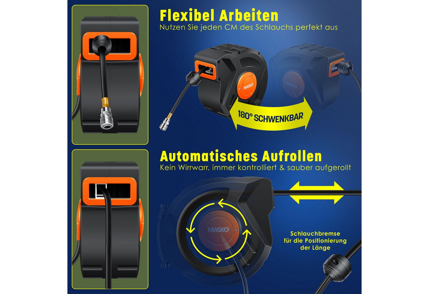 Masko® Automatik Druckluftschlauch Aufroller 1/4", 180° Schwenkbar – Orange / Schwarz Bild 5