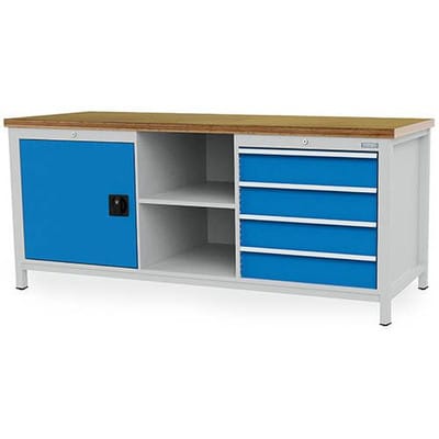 Kastenwerkbank Breite 2000 mm, R24-24, 4 x Schublade, 1 x Flügeltüre mit Fachboden, 2 x Fach, Rückwand, Maße in mm (B x T x H): 2000 x 750 x 859