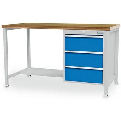 Kastenwerkbank Breite 1500 mm, R18-24, 3 x Schublade, 1 x Stahlfachboden halbe Tiefe, Maße in mm (B x T x H): 1500 x 750 x 959