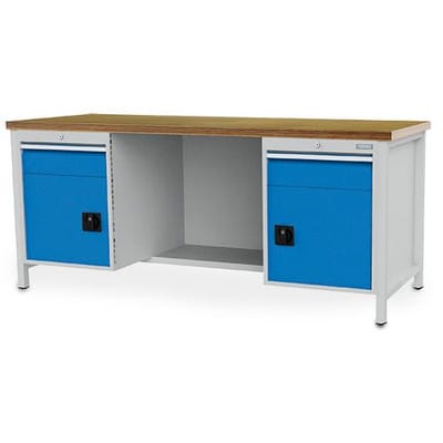 Kastenwerkbank Breite 2000 mm, R18-24, 2 x Schublade, 2 x Flügeltüre, 1 x Stahlfachboden halbe Tiefe, Rückwand, (B x T x H): 1500 x 750 x 959mm