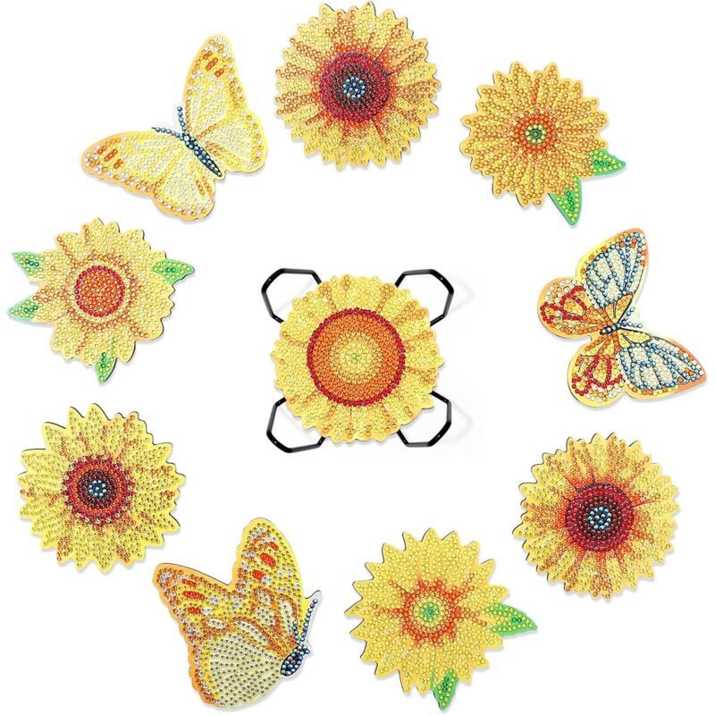 Set Mit 10 Diamantmalerei-untersetzern Inklusive Ständer Für Diy-projekte. 5d-untersetzer Aus Acrylglas Mit Schmetterlingsmotiv, Geeignet Für Gläser, Vasen Und Tassen.