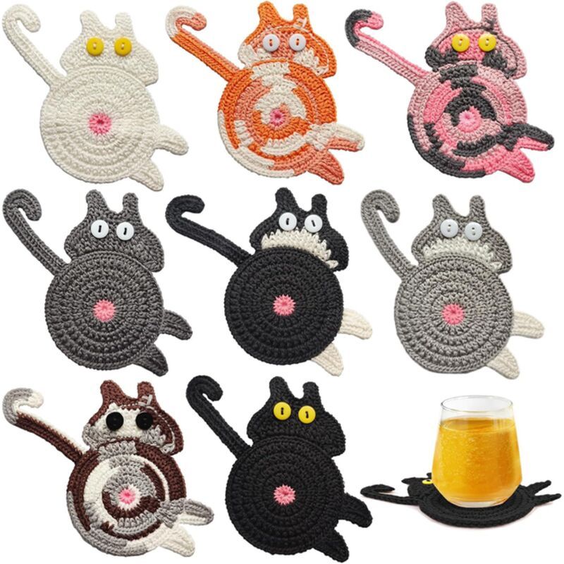 Set Mit 8 Gestrickten, Katzenförmigen Untersetzern/becherhaltern In Verschiedenen Farben