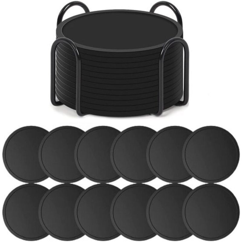 Set Mit 12 Silikonuntersetzern Mit Halter, Untersetzer Für Gläser, Untersetzer-set, Rundes Design, Untersetzer, Rutschfest, Hitzebeständig, Schwarz, Geschenk.