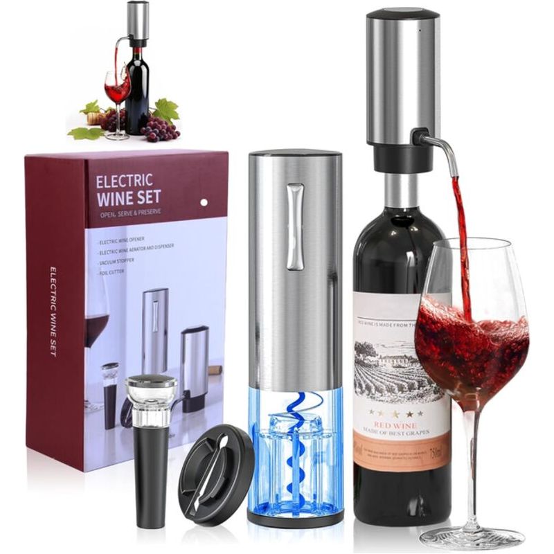 4-in-1 Elektrischer Korkenzieher, Flaschenöffner, Weinzubehör, Automatischer Spender, Edelstahl, Silber