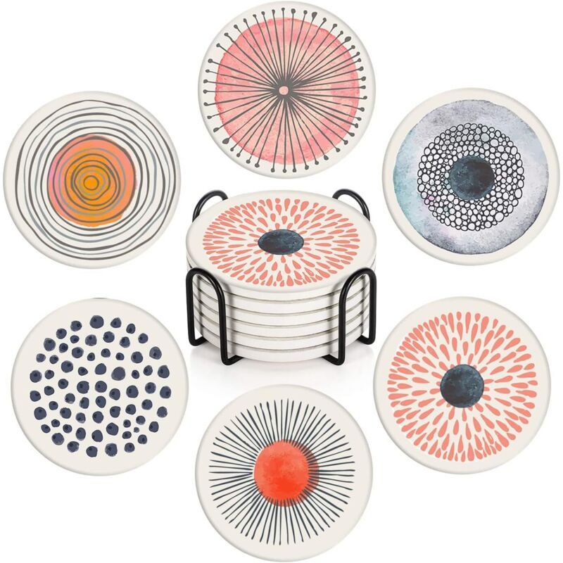 Set Mit 6 Untersetzern, Runde, Saugfähige Keramikuntersetzer Im Schlichten Retro-stil, Verziert Mit Graffiti, Perfekt Als Dekoratives Geschenk Für Schlafzimmer Oder Bar.