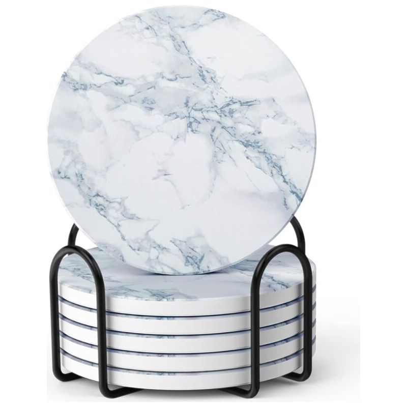 Set Mit 6 Saugfähigen Kristalluntersetzern Mit Korkfuß Und Halterung In Weißer Marmoroptik. Ideal Als Dekoration Für Zuhause, Bars, Cafés, Partys, Büros Oder Als Geschenk Für Meine Liebsten.