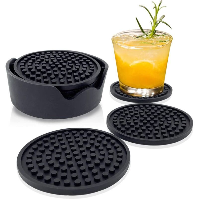 Silikonuntersetzer, 100 % Silikon, Rutschfest, Auslaufsicher, Für Getränke, Bar, Café (6er-set, Schwarz)