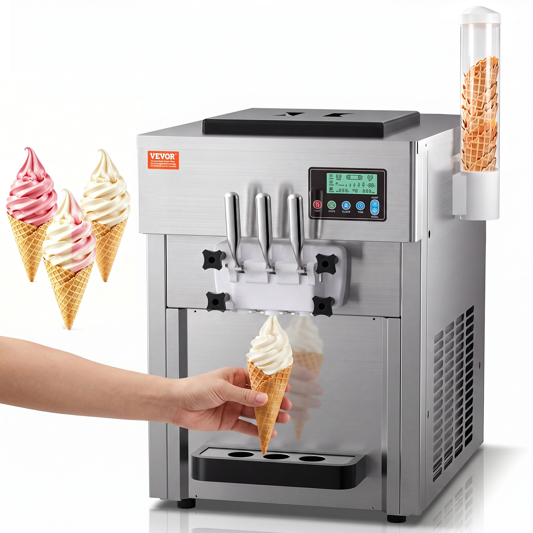 Machine À Crème Glacée De Comptoir 3 Saveurs, 20 L/h, 1800 W, Trémie 2 X 4 L Pour Café Snack-bar Restaurant