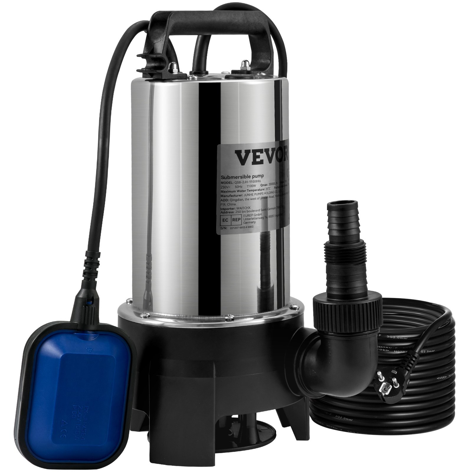 Pompe Immergée Eaux Chargées 1100 W, Relevage 333,3 L/min Pour Cave, Piscine, Fosse Septique