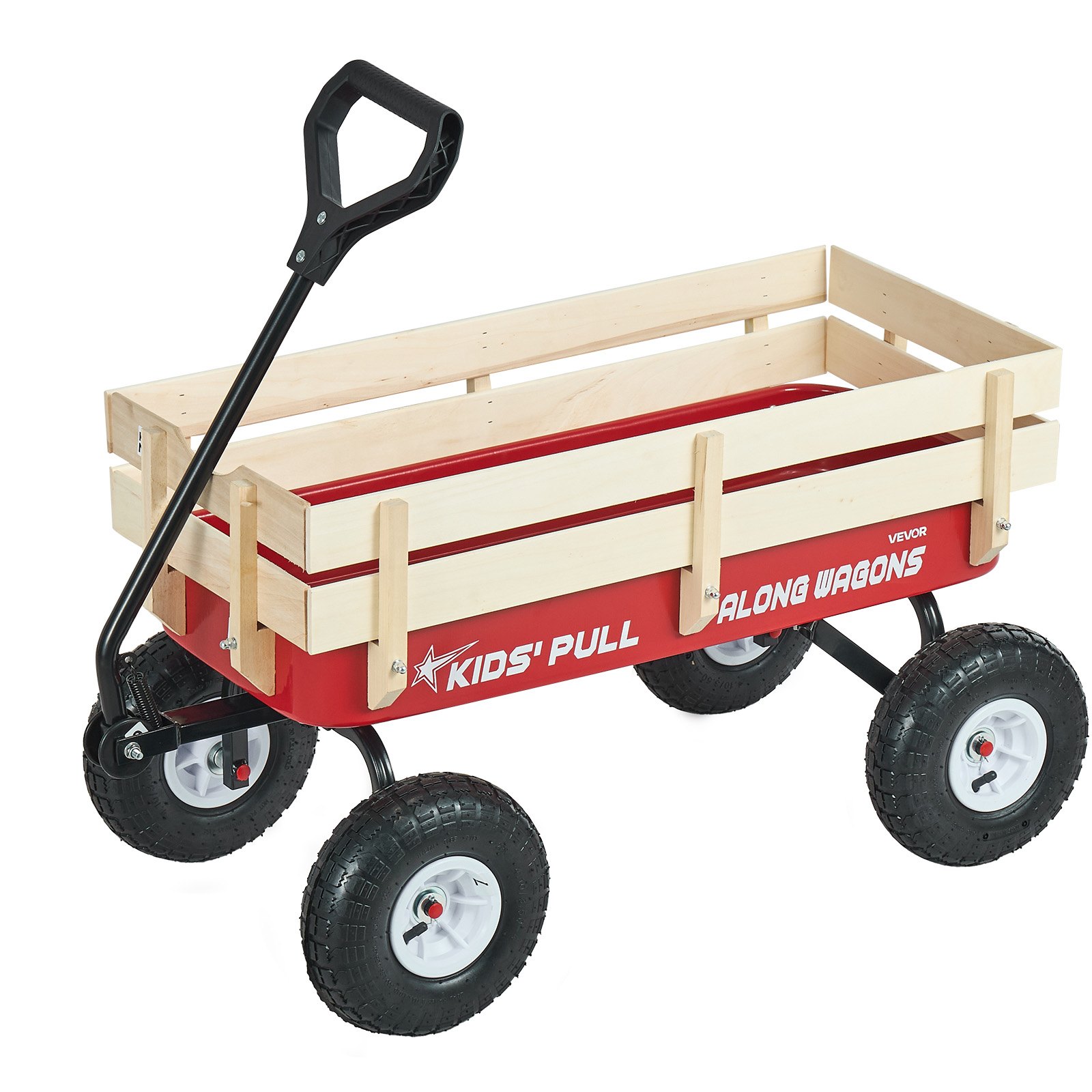 Structure Bois Et Métal Chariot À Tirer Charge 150kg Roues Pneumatiques Tout-terrain Pour Jardin Camping Plage Rouge