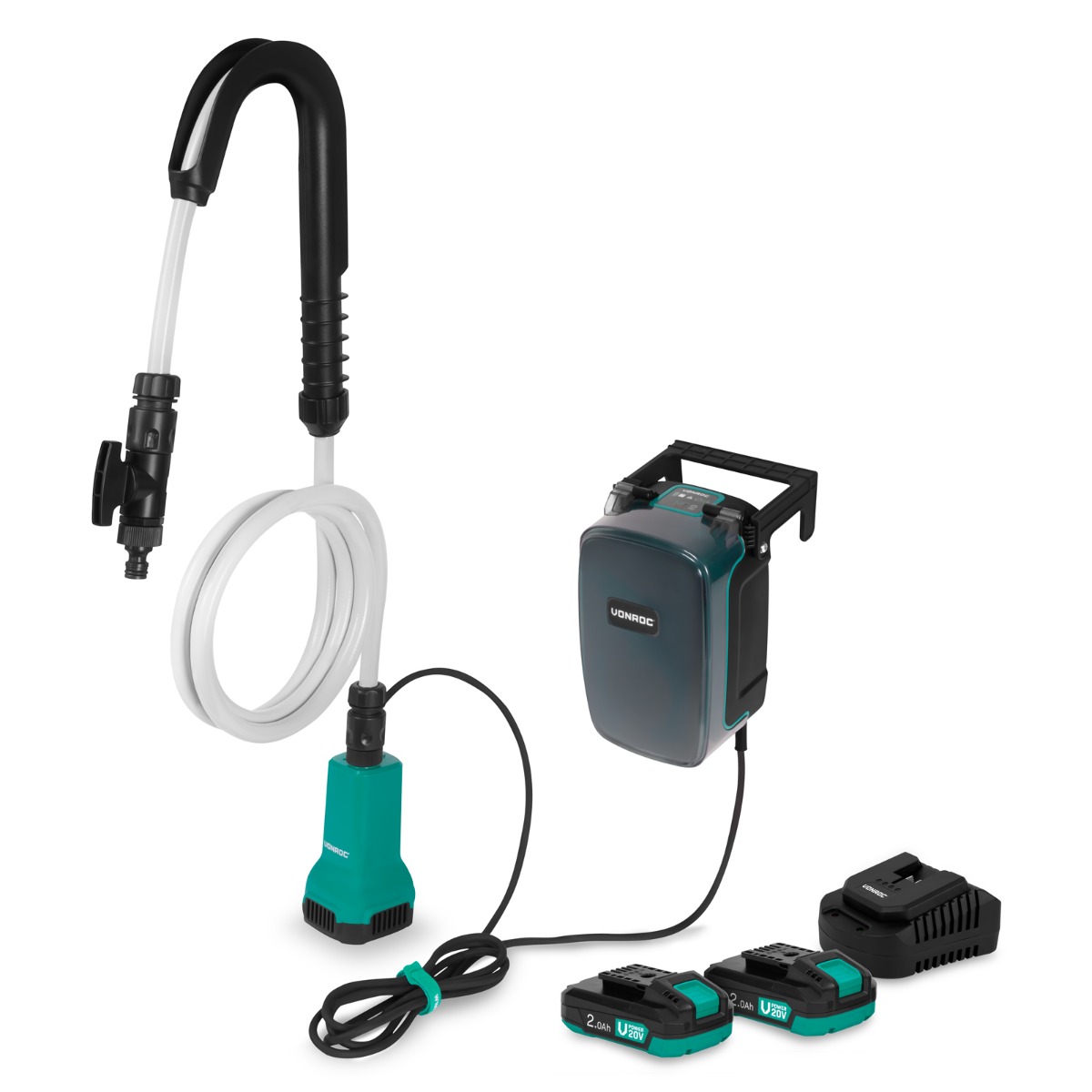 Vonroc - Akku-regentonnenpumpe 20v - 80w - 1800 L/h - 1,75 Bar Mit 2x 2,0ah Akkus Und Ladegerät