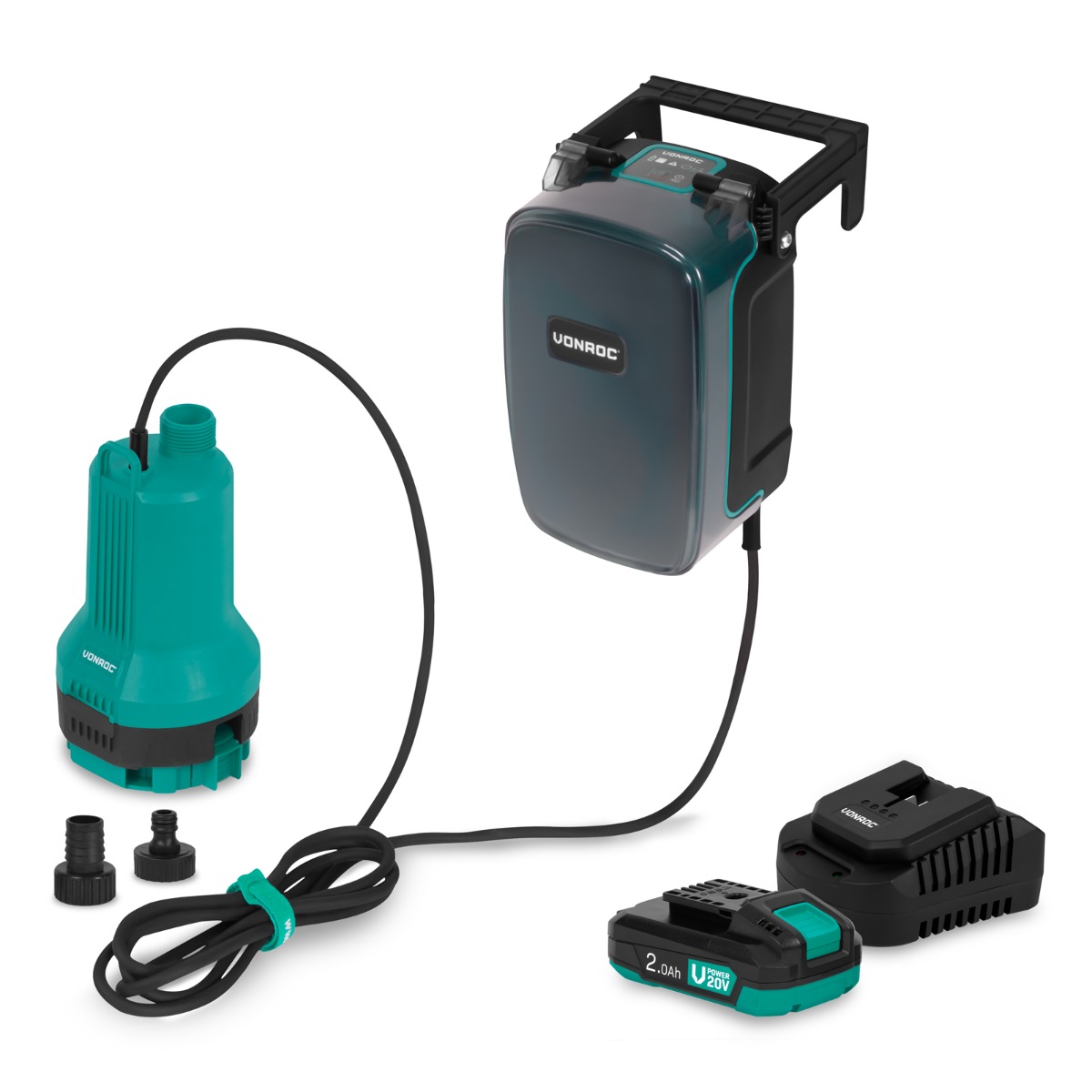 Vonroc - Akku-tauchpumpe 20v - 90w - 3800 L/h - 0,6 Bar - Klar- Und Schmutzwasser Inklusive 2,0ah Akku Und Ladegerät