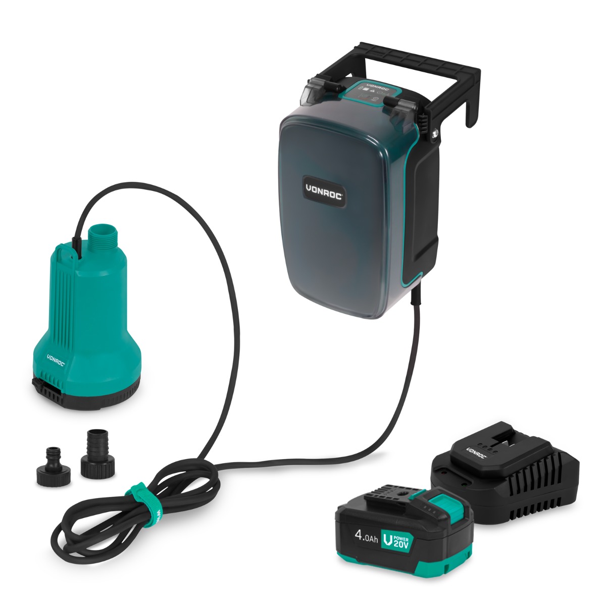 Vonroc - Akku-tauchpumpe 20v - 90w - 4500 L/h - 0,8 Bar - Klarwasser Mit 4,0ah Akku Und Ladegerät