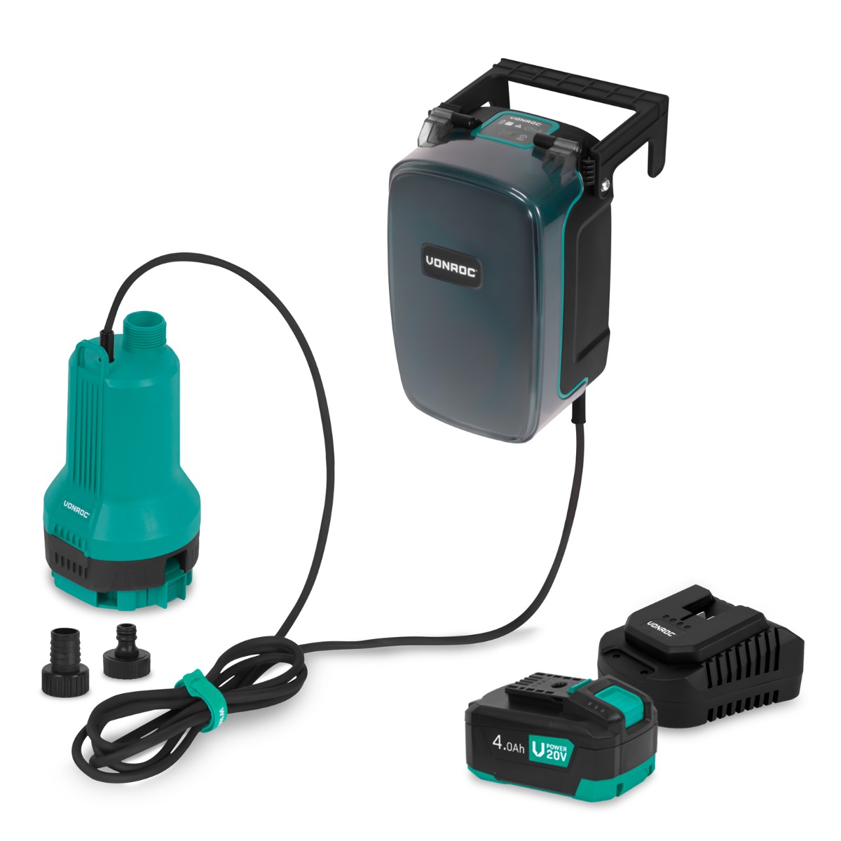 Vonroc - Akku-tauchpumpe 20v - 90w - 3800 L/h - 0,6 Bar - Klar- Und Schmutzwasser Mit 4,0ah Akku Und Ladegerät