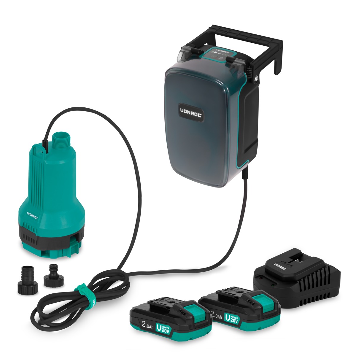 Vonroc - Akku-tauchpumpe 20v - 90w - 3800 L/h - 0,6 Bar - Klar- Und Schmutzwasser Mit 2x 2,0ah Akkus Und Ladegerät