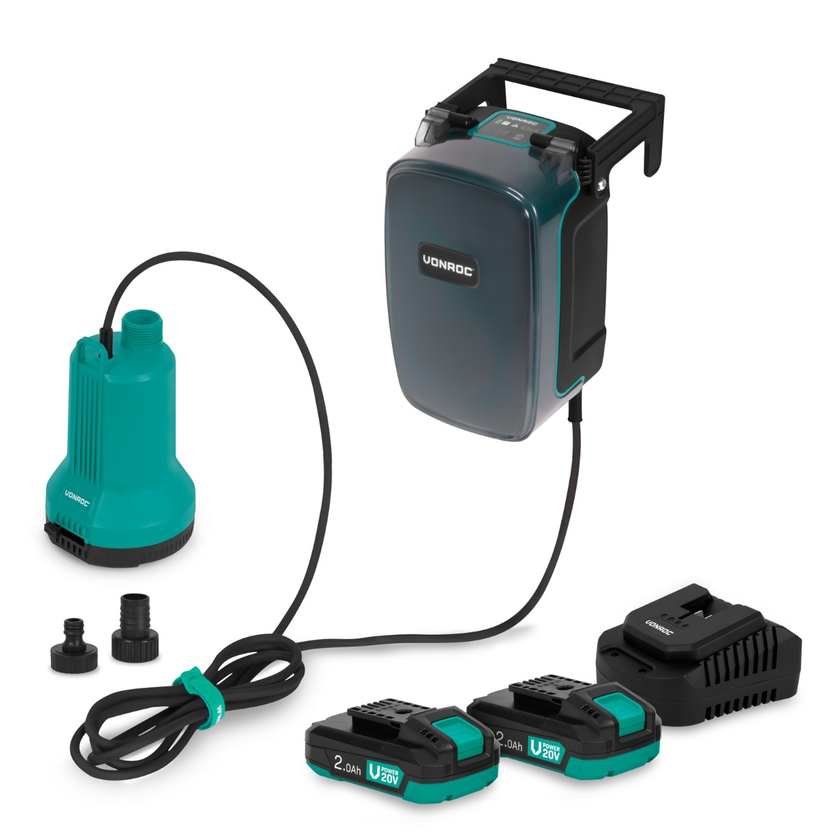 Vonroc - Akku-tauchpumpe 20v - 90w - 4500 L/h - 0,8 Bar - Klarwasser Mit 2x 2,0ah Akkus Und Ladegerät