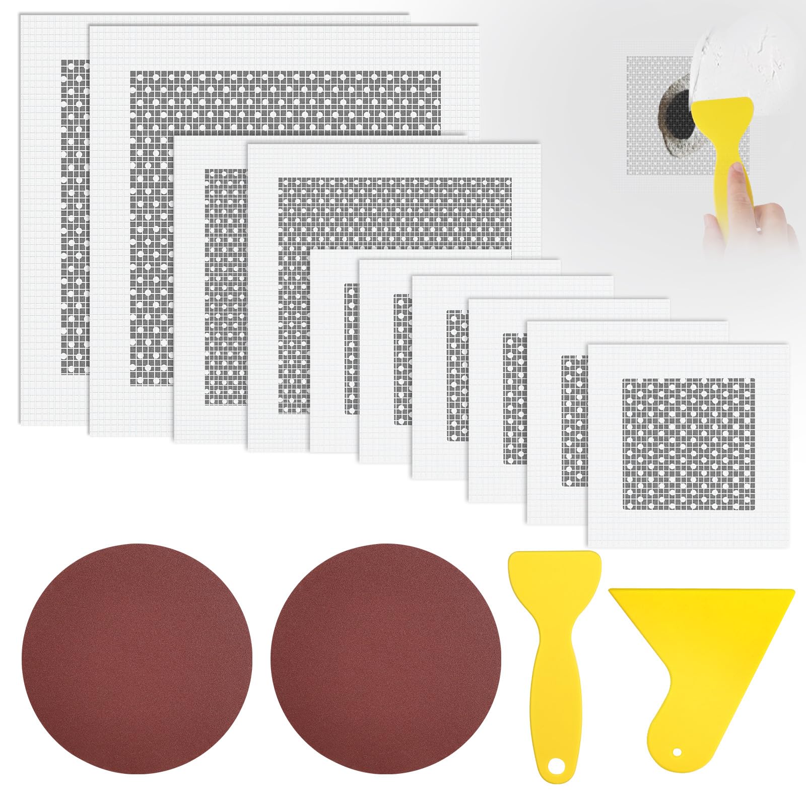 14-teiliges Aluminium-wandreparaturset: 10 Selbstklebende Netzflicken (größen 2, 4 Und 6 Zoll), 2 Blätter Schleifpapier, 2 Spachtel.