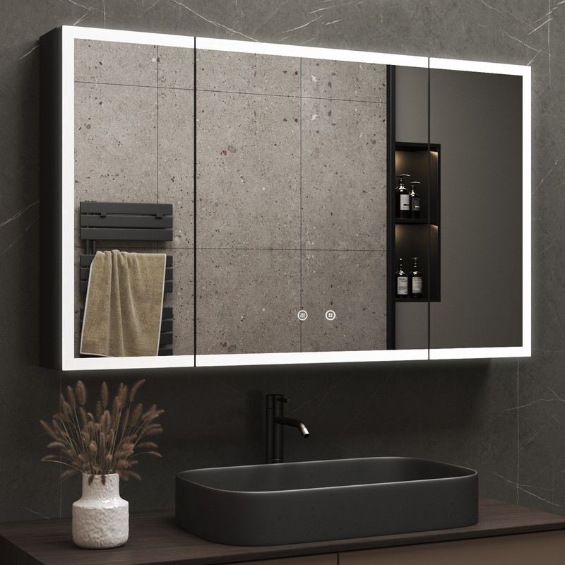 Großer Spiegelschrank Bad Mit Beleuchtung 100x60 Cm Led Spiegelschrank Schwarz Mit Beleuchtung Badezimmerschrank Mit Spiegel Hängeschränke Mit 3 Einstellbare Lichtfarben, Beschlagfrei
