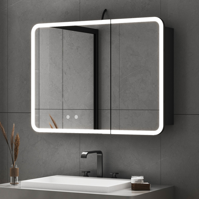 Schwarzer Spiegelschrank Bad Mit Beleuchtung 80x60 Cm Led Spiegelschrank Mit Beleuchtung Badezimmerschrank Mit Spiegel Hängeschränke Medizin Kabinett Mit 3 Einstellbare Lichtfarben, Beschlagfrei, Komp
