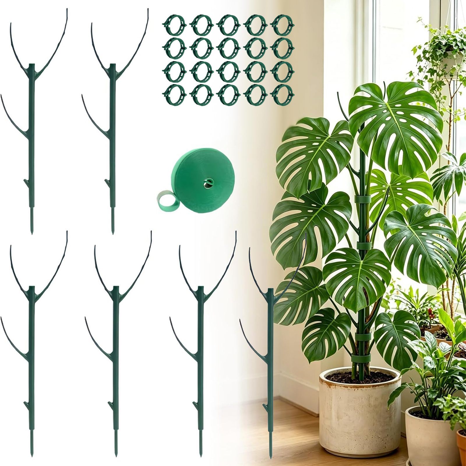 Komplettes Set Pflanzenstützen – 6 Stapelbare Stützstäbe (30 Cm), 2 Meter Klettband, 20 Pflanzenclips – Kletterhilfe Für Kletterpflanzen Wie