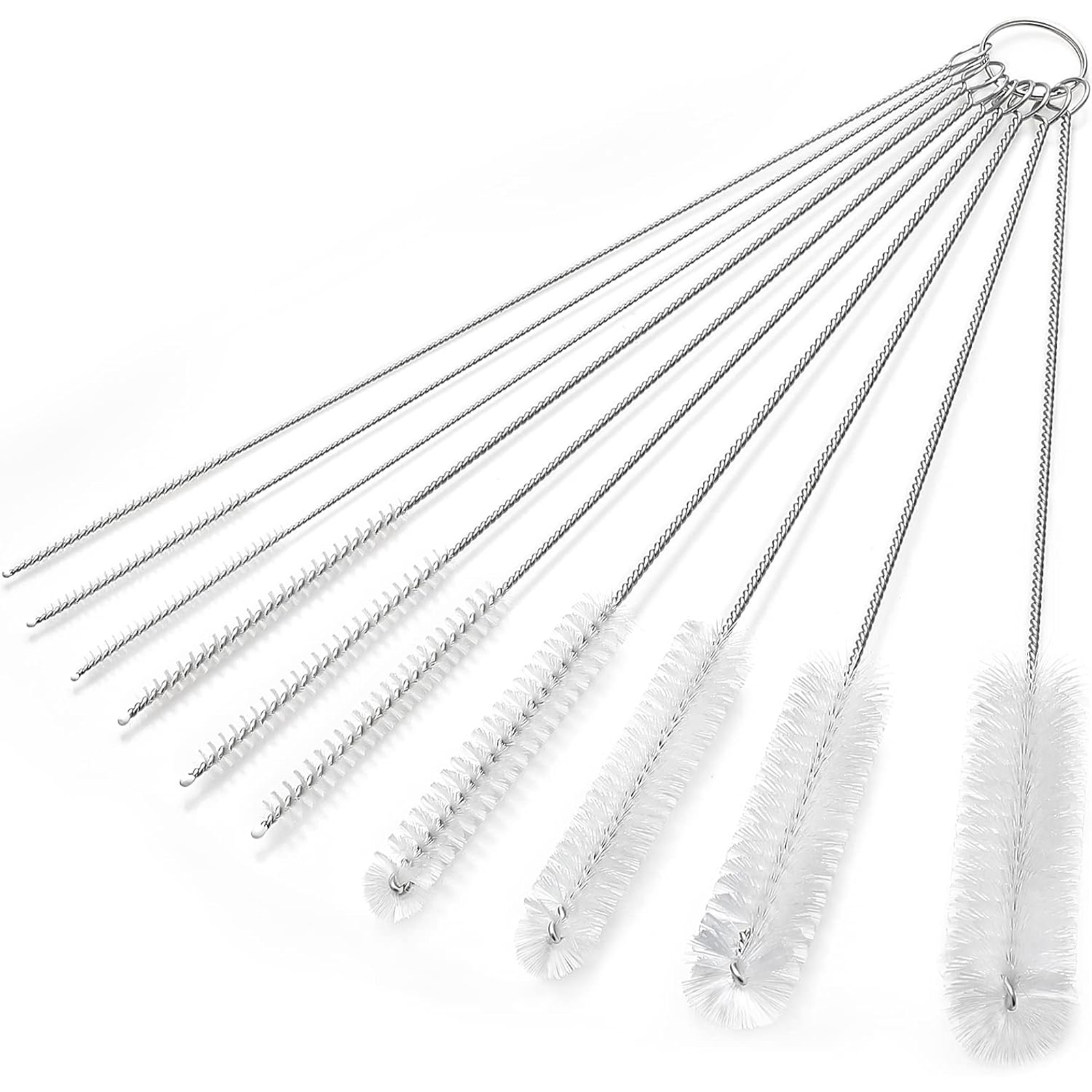 Set Mit 10 Reinigungsbürsten Aus Edelstahl Mit Aufhängering – Nylonbürste Für Strohhalme, Flaschen Und Schmale Röhrchen – Weiß