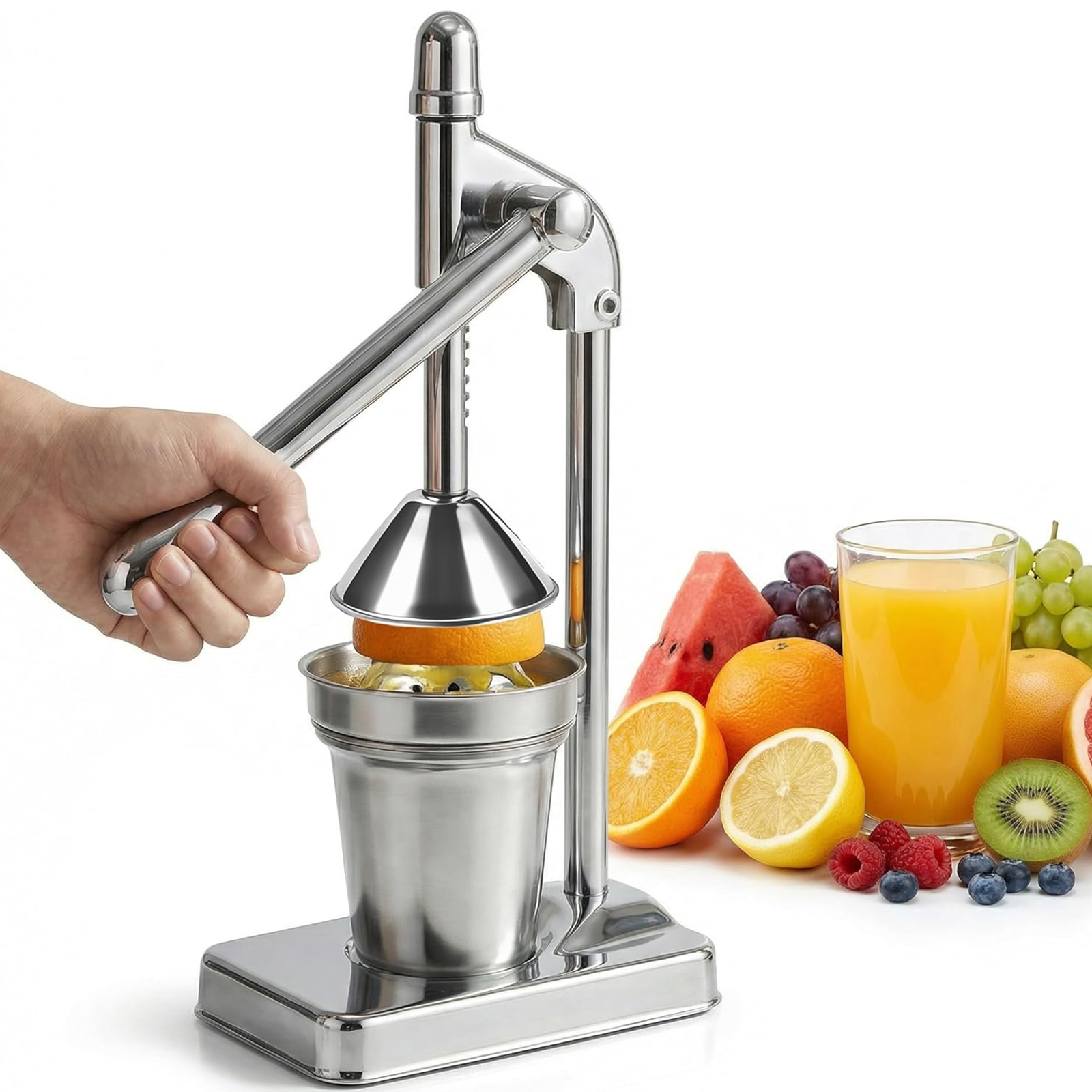 Manuelle Obstpresse Aus Edelstahl – Geeignet Zum Entsaften Von Gemüse, Obst Und Orangen.
