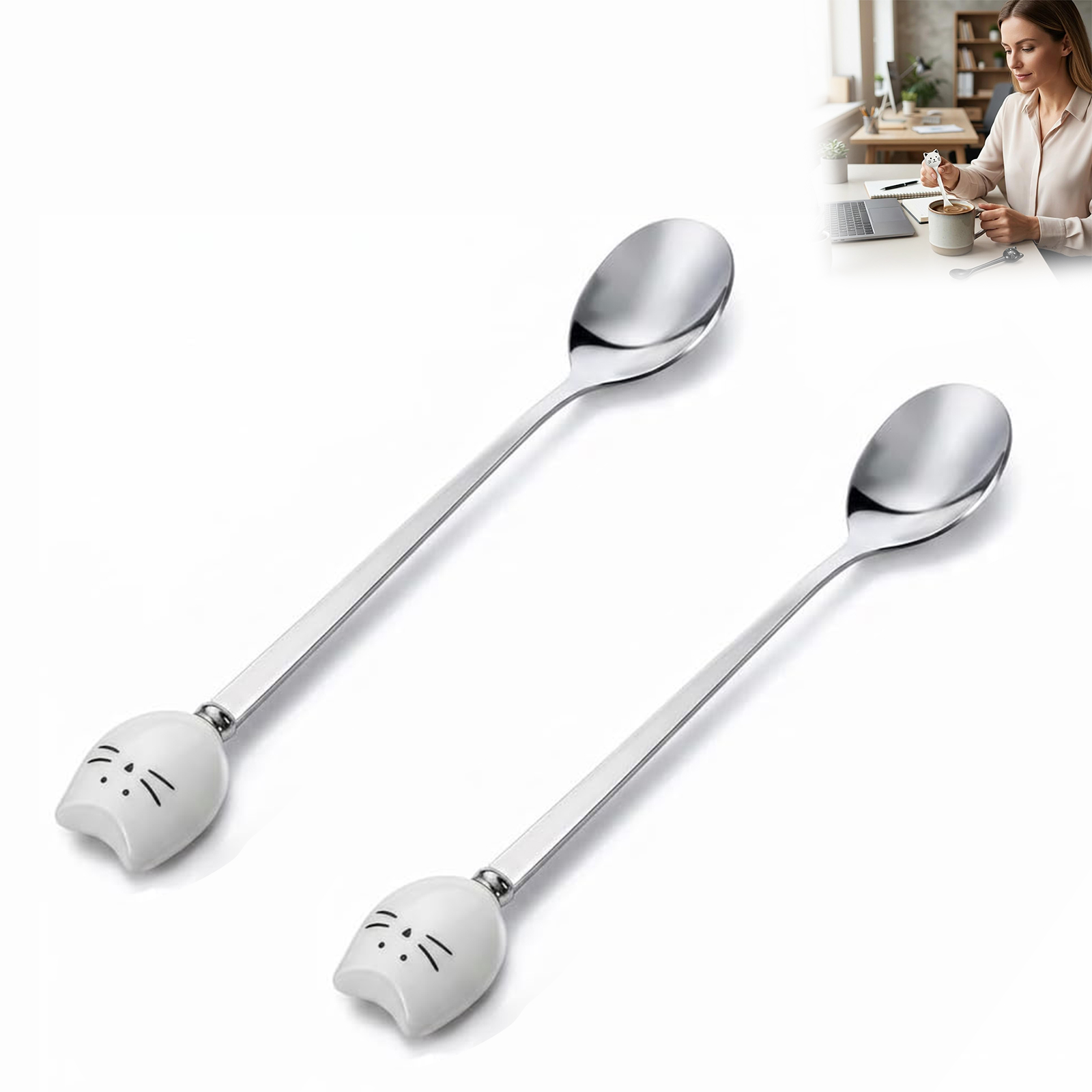 Set Mit 2 Katzenförmigen Teelöffeln – Weiße Rührlöffel Für Kaffee, Tee Und Eiscreme – Dekorative Bestecklöffel Für Küche, Café Und Den Tägli