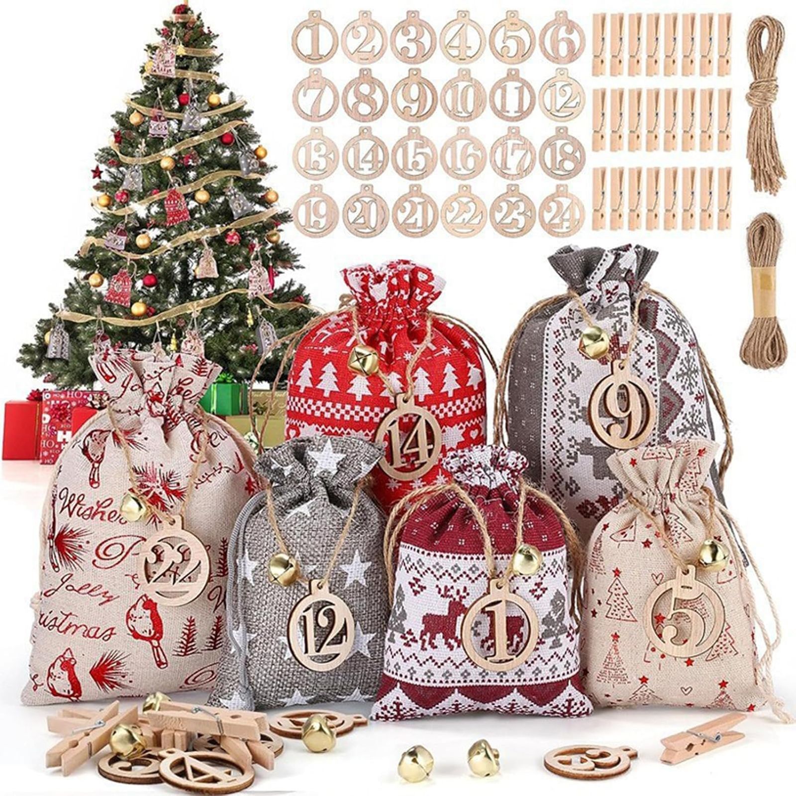 Weihnachtsgeschenktüten Mit Kordelzug - 24 Stück - Weihnachtsmotiv - Zum Verpacken Von Geschenken - Obst, Schokolade Und Socken (leinen - 3-