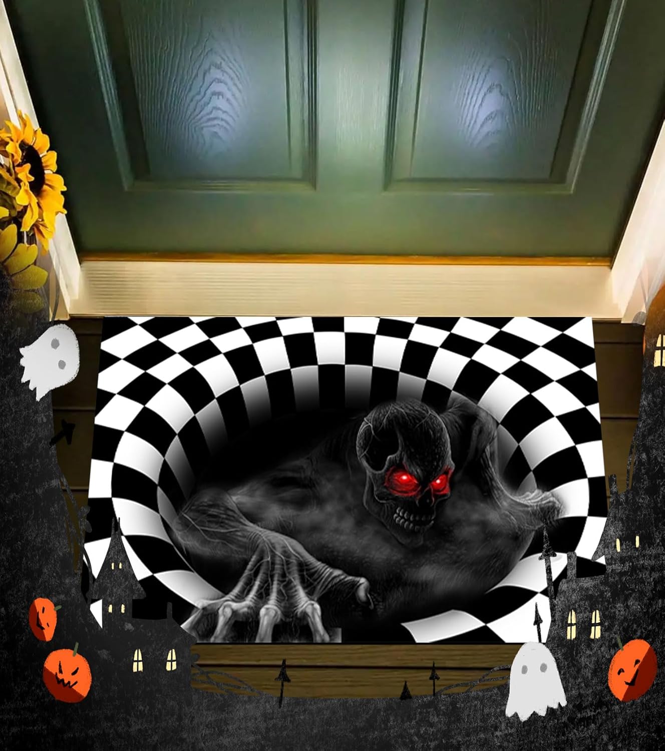 Halloween-fußmatte – 3d-stereo-vision – Skelett – Karierter Teppich – Halloween-dekoration Für Wohnzimmer, Schlafzimmer (60 X 40)