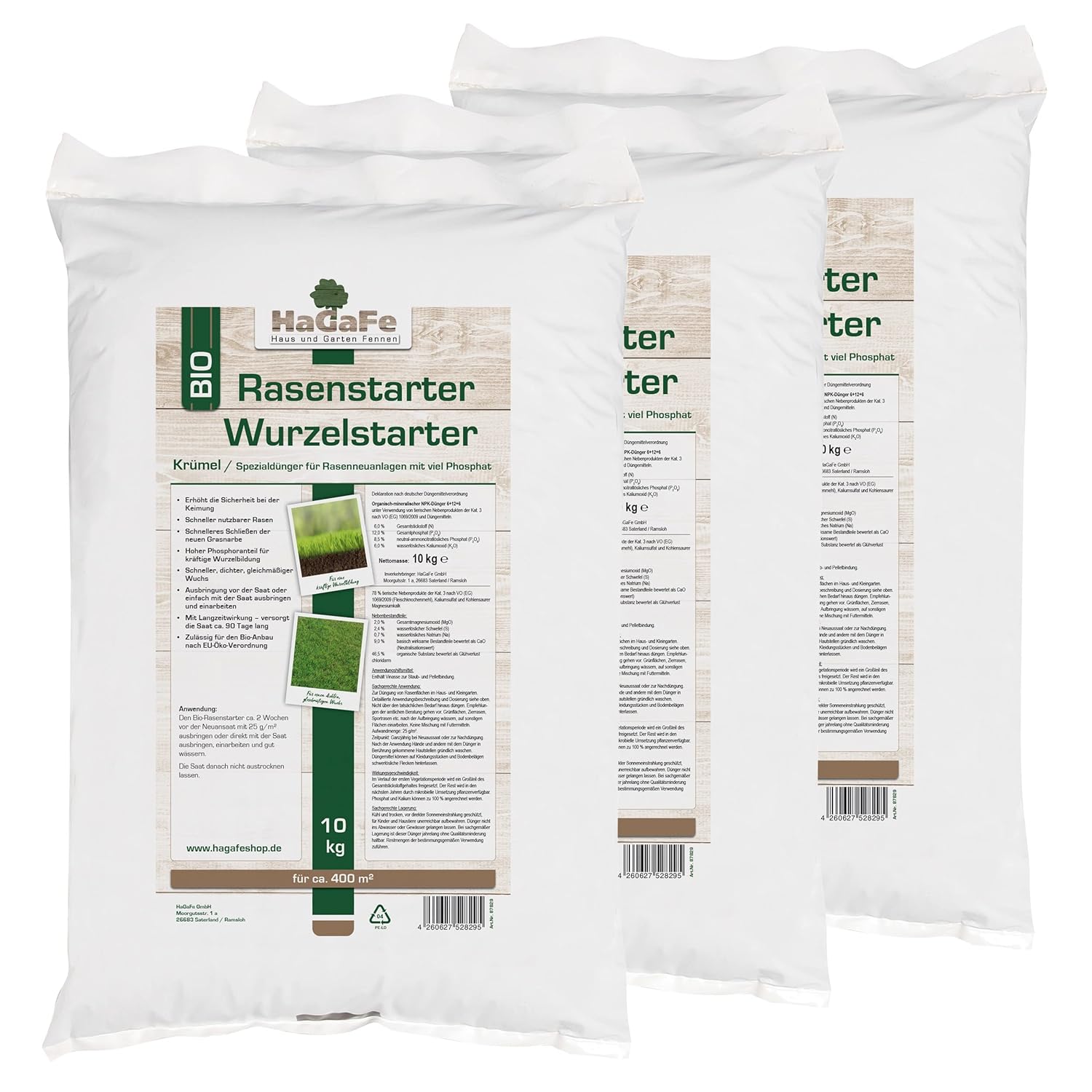 Hagafe Bio Turbo Rasenstarter Wurzelstarter Rasendünger Dünger Mit Viel Phosphat 30kg (3 X 10 Kg)
