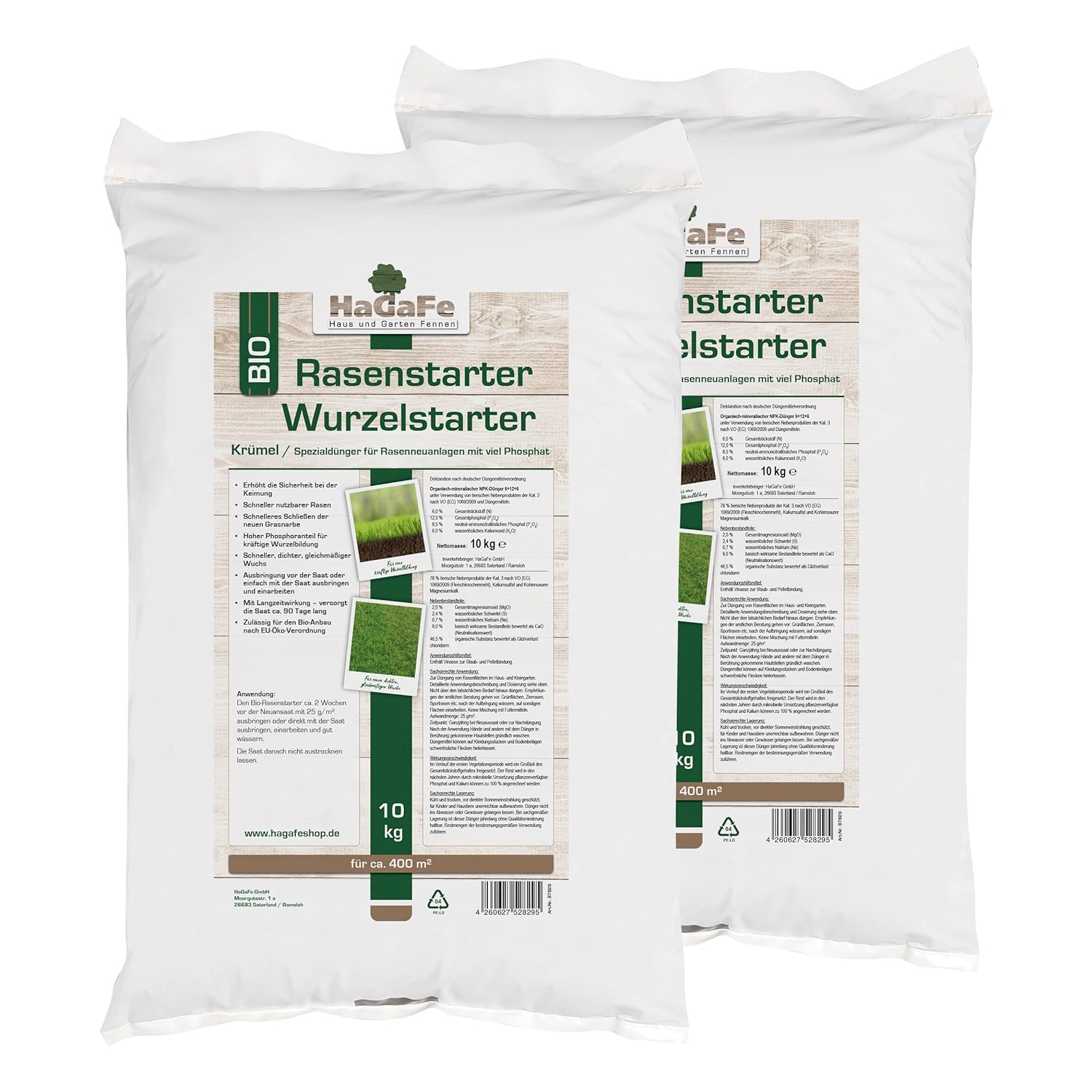Hagafe Bio Turbo Rasenstarter Wurzelstarter Rasendünger Dünger Mit Viel Phosphat 20kg (2 X 10 Kg)