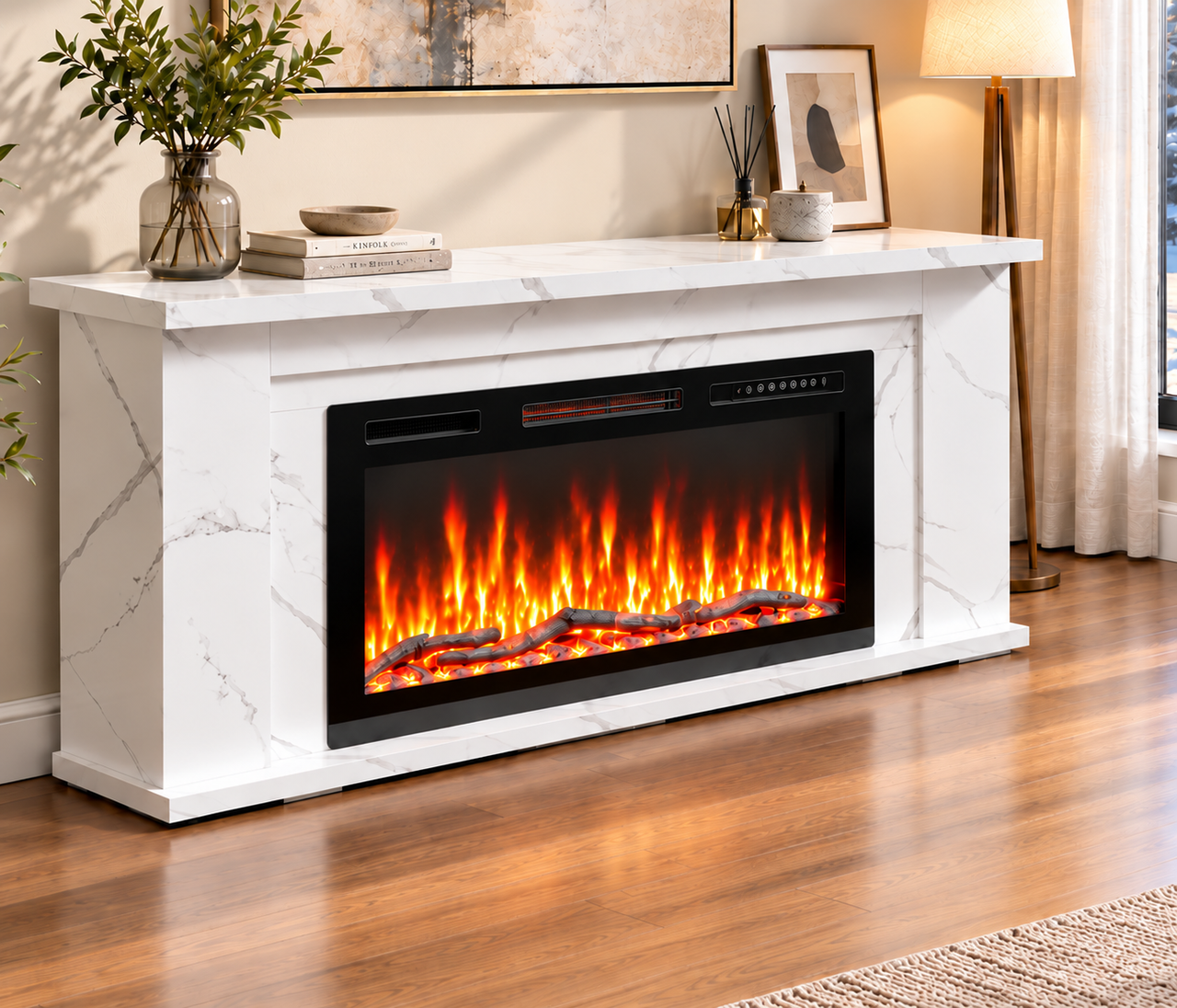 Homavo 36" Elektrokamin Mit Schrank, 1000/2000w, App-steuerung, 3d-flamme In 12 Farben, 1–8 Std. Timer, 152×27,5×66cm
